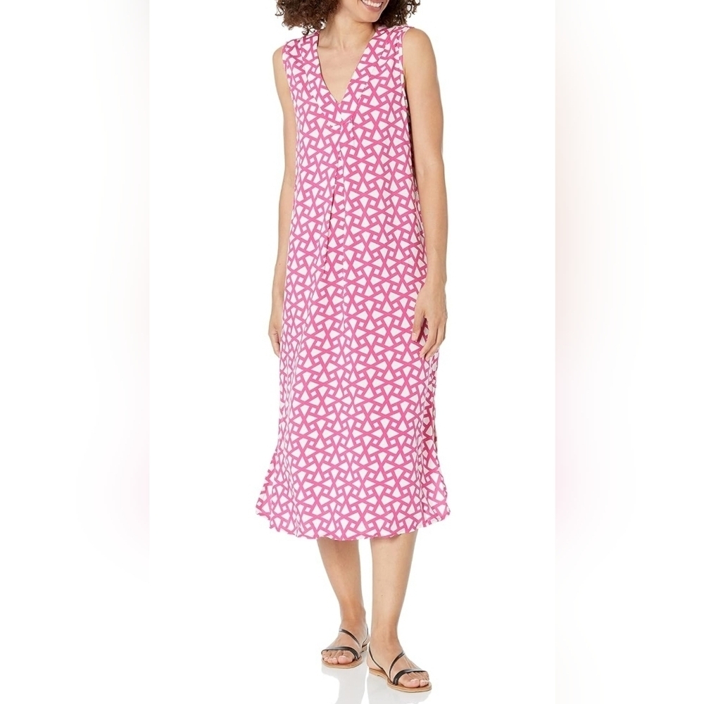 N Natori Pink White Geometric Print Sleeveless Midi Sleep Dress Nightgown Small
